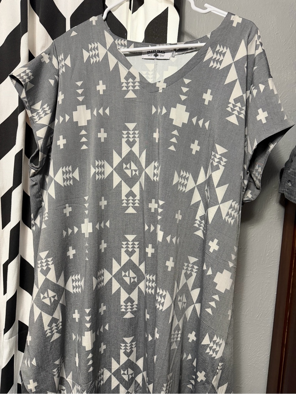 Crazy Train Gray and White Aztec V-Neck Tunic
